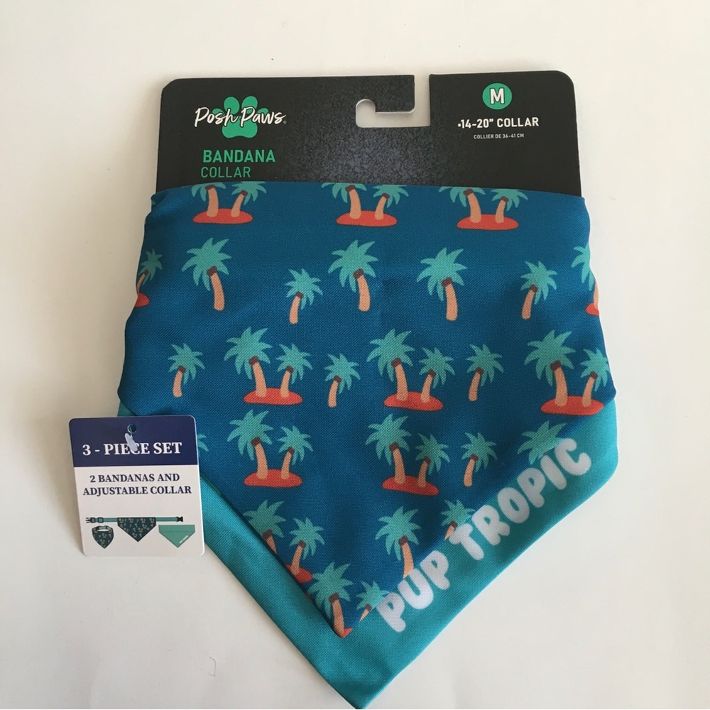 NEW (M) 2 Dog Bandanas and Collar for Medium Dogs Palm Tree Print | Posh Pets